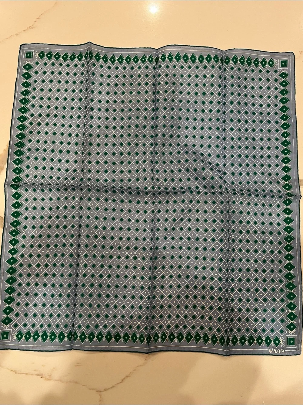 Vintage Vera blue and green pure silk hand rolled scarf